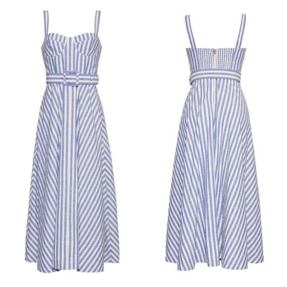 NEW Cara Cara Calypso Midi Dress Sz6 Ivory Blue Striped Seersucker Vacation - Picture 4 of 13
